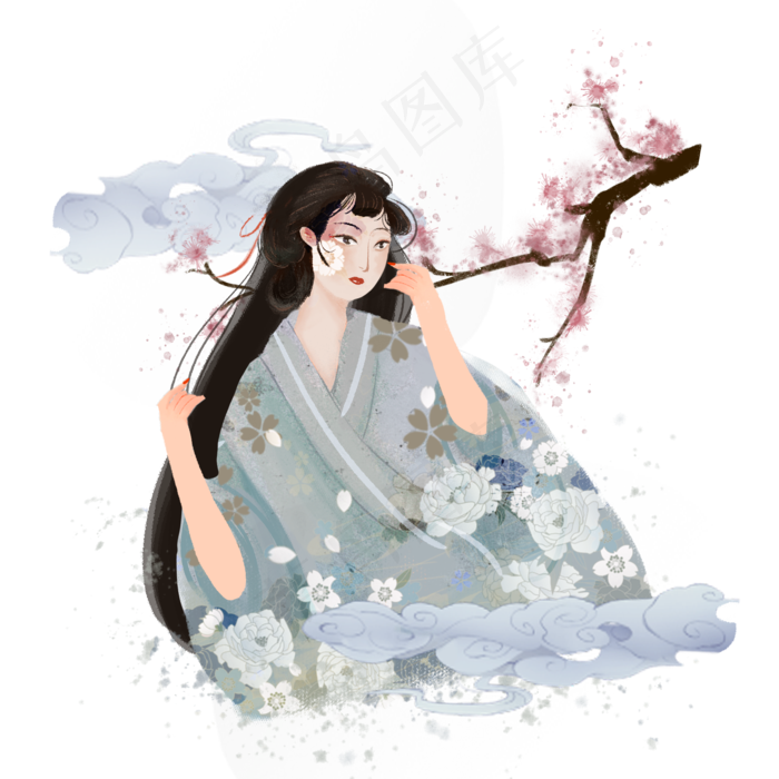 国潮古风水墨女子png