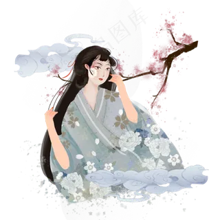 国潮古风水墨女子png