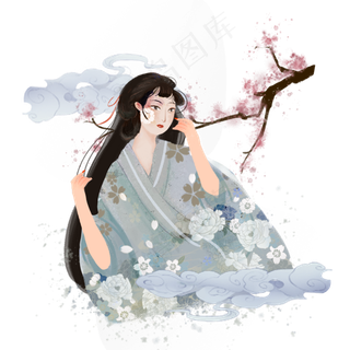 国潮古风水墨女子png