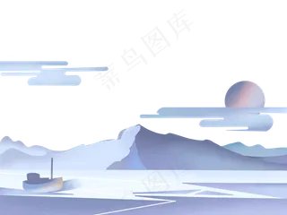 冬日原野湖景雪景装饰底框,免抠元素