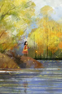 秋天油画女孩在湖边一个人 秋天油画女孩在湖边一个人