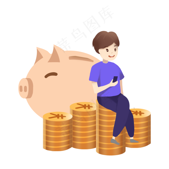 金融 看手机的男人 存钱罐和金币,免抠元素