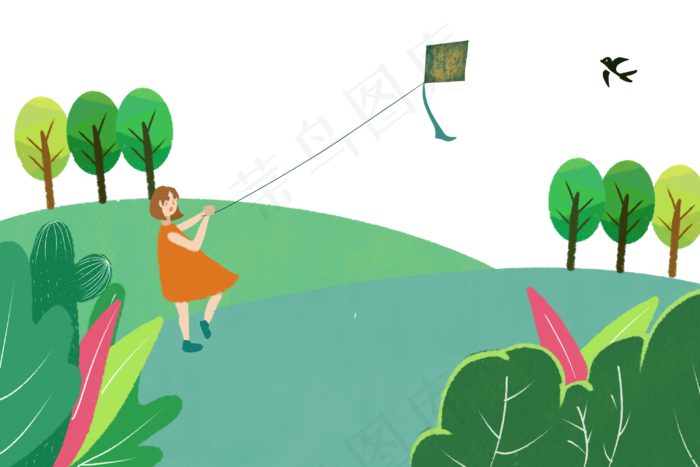 春天风景春光放风筝郊游少女绿色