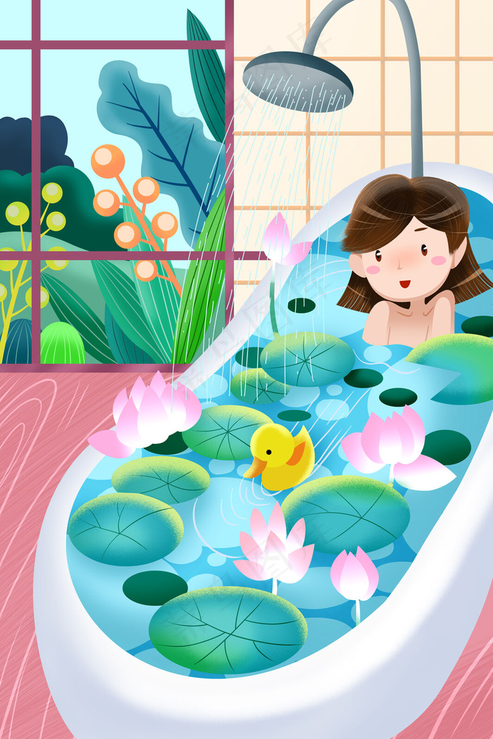 卡通手绘风夏景夏季炎热泡澡配图