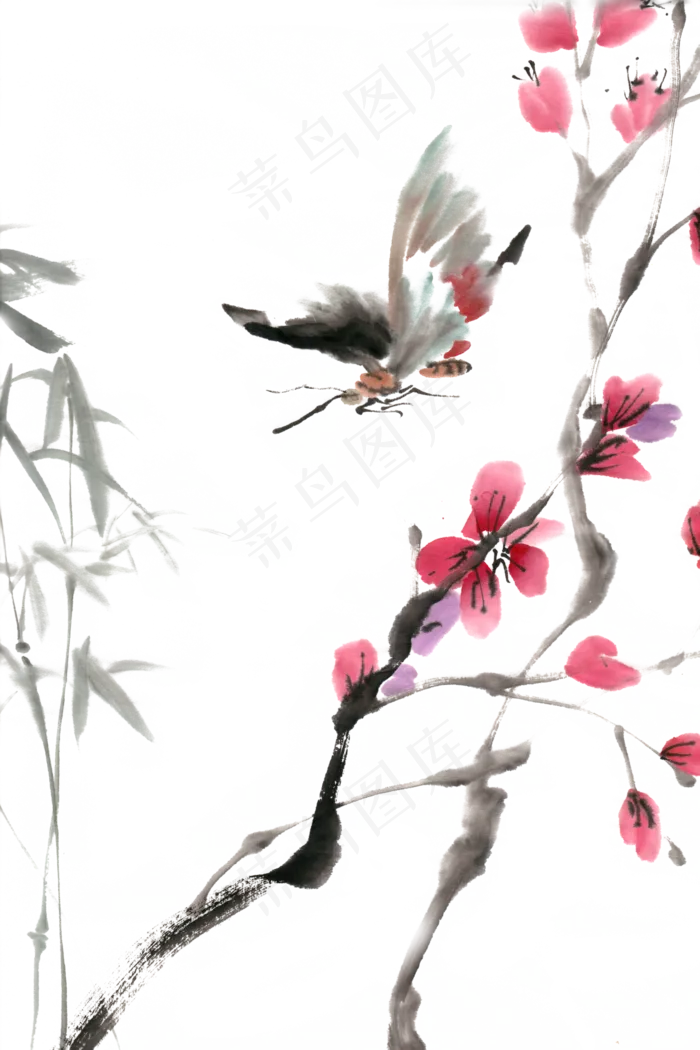 花间蝴蝶水墨画PNG免抠素材(4724X7087(DPI:300))psd模版下载