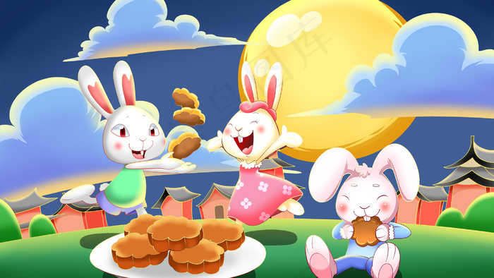 中秋节月亮兔子吃月饼手绘插画