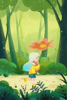 绿色春天卡通小清新谷雨森林女孩场景配图 绿色春天卡通小清新谷雨森林女孩场景配图