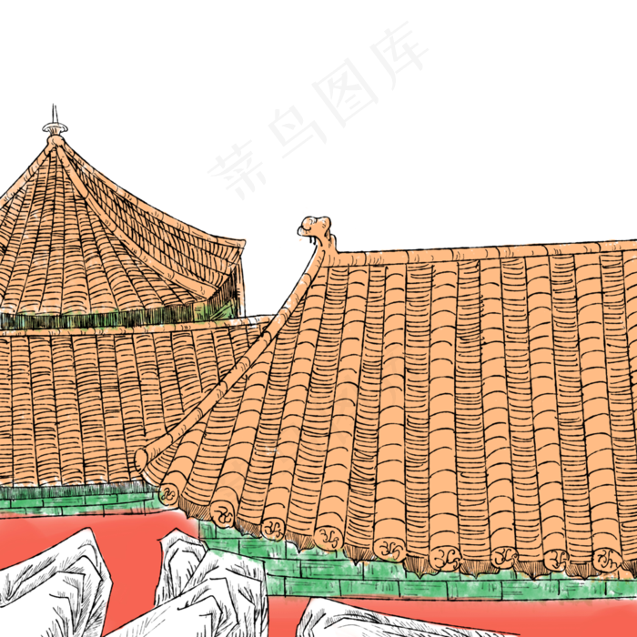 故宫紫禁城红墙绿瓦山石水墨国画