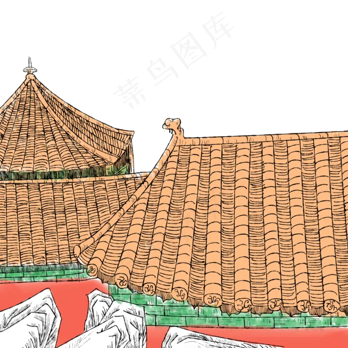 故宫紫禁城红墙绿瓦山石水墨国画(3543X3543(DPI:256))psd模版下载