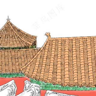 故宫紫禁城红墙绿瓦山石水墨国画