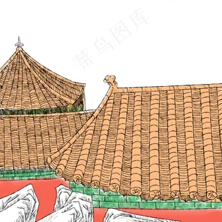 故宫紫禁城红墙绿瓦山石水墨国画