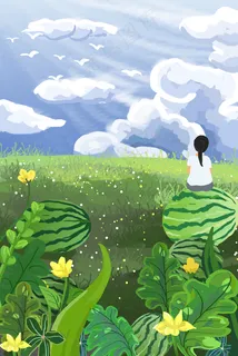 手绘西瓜地的女孩儿 手绘西瓜地的女孩儿
