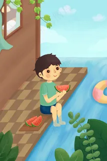 夏天泳池边上小男孩吃西瓜