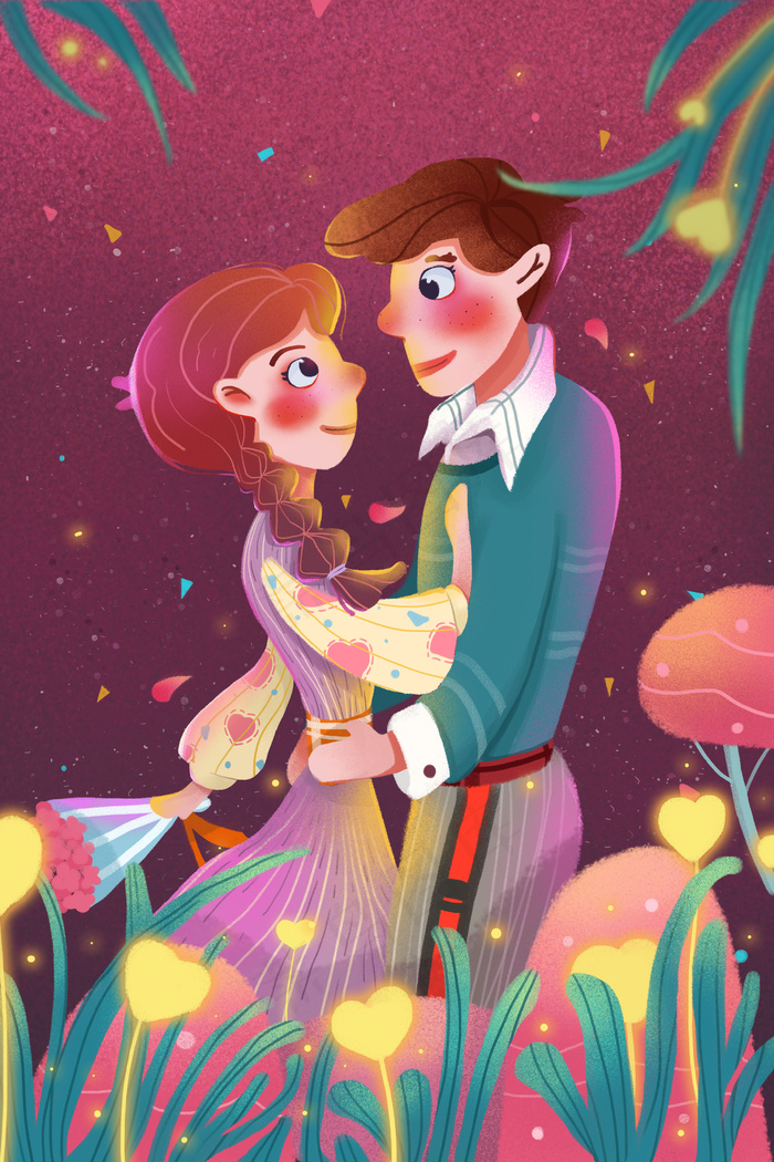 情人节花海手绘插画