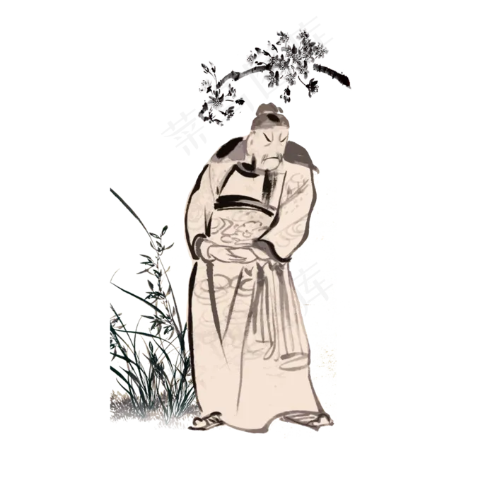 士大夫水墨山水写意散步意境PNG,免抠元素(2000X2000(DPI:300))psd模版下载
