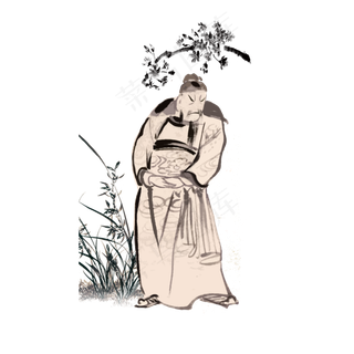 士大夫水墨山水写意散步意境PNG,免抠元素