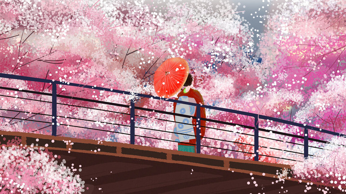 日系和服樱花平桥伞唯美治愈粉色系场景(2880*1620px 300 dpi )psd模版下载