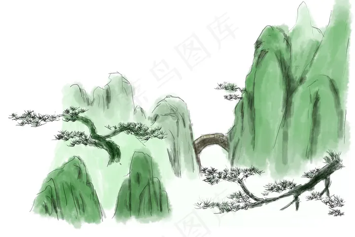 卡通手绘水墨中国风国画青山水墨,免抠元素(3000*2000px)psd模版下载