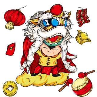 中国红舞狮子的小孩子,免抠元素