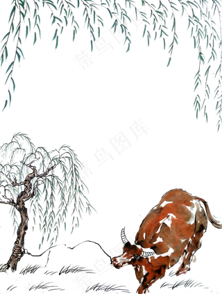 国画水墨绿柳黄牛春天水墨装饰边