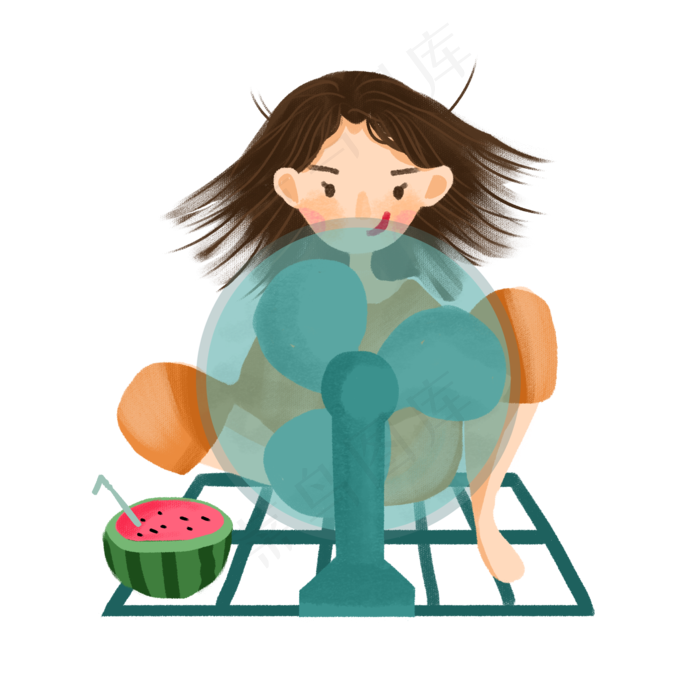 夏天大暑小暑女孩吹风扇免抠图