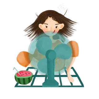 夏天大暑小暑女孩吹风扇免抠图