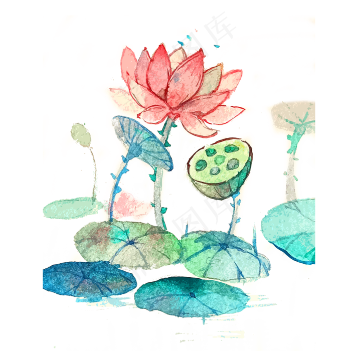 荷花水彩透明PNG莲花唯美(3000X3000(DPI:300))psd模版下载