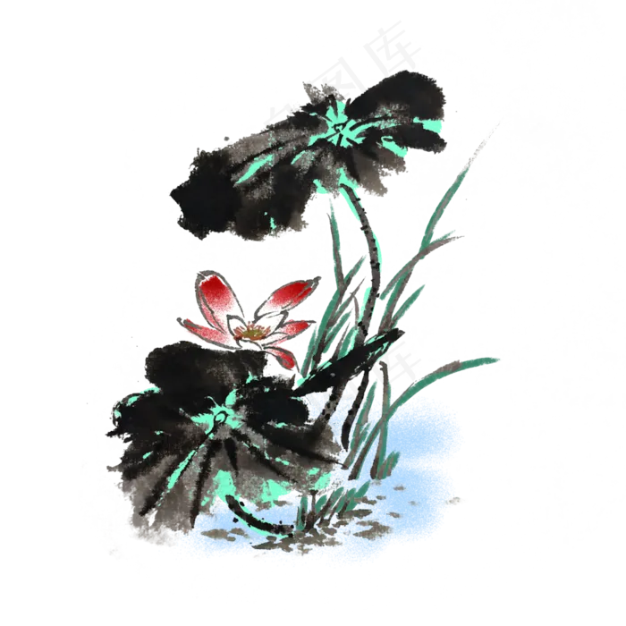 荷花荷叶水墨手绘风(3545X5315(DPI:300))psd模版下载