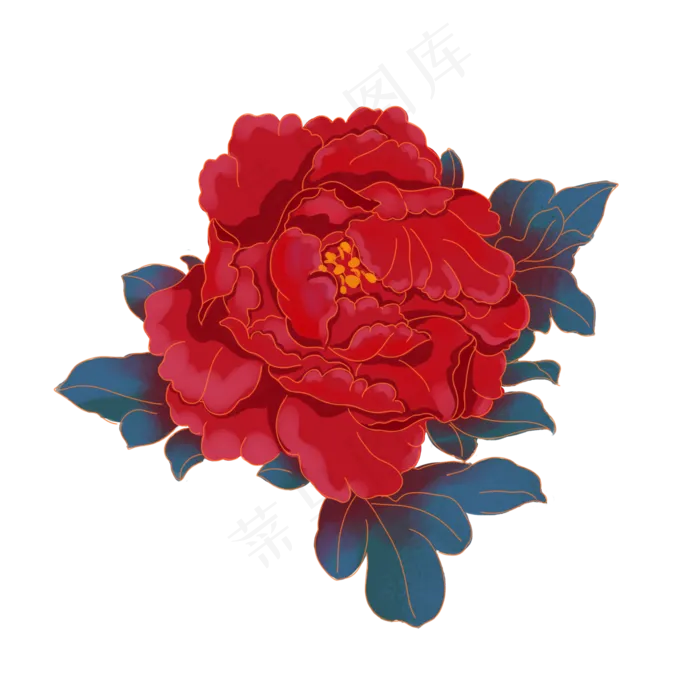 中秋节红色金边蓝叶牡丹花,免抠元素(2000*2000px 300 dpi )psd模版下载