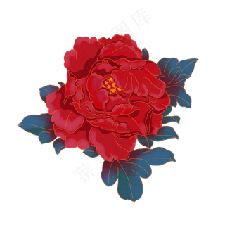 中秋节红色金边蓝叶牡丹花,免抠元素