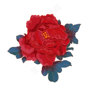 中秋节红色金边蓝叶牡丹花,免抠元素