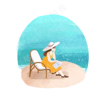 大暑在海边吹着海风的女孩PNG