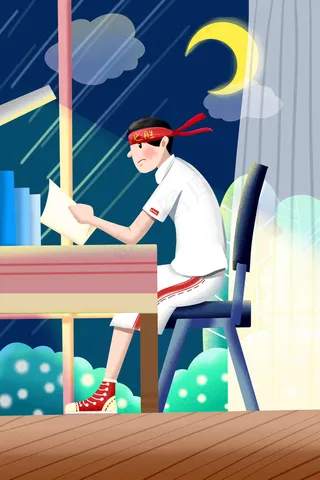 卡通手绘风高考男孩夜晚学习配图