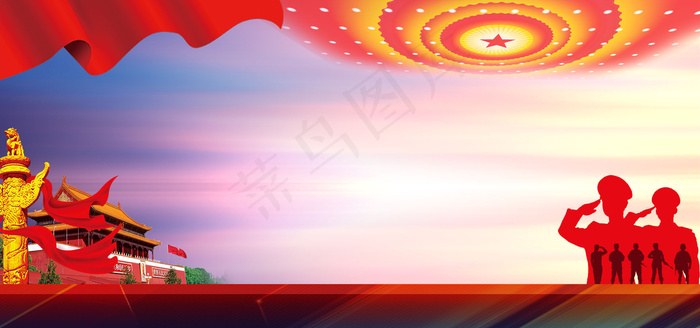 八一建军节军人剪影宽屏蓝色背景