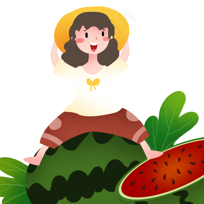 立夏坐西瓜上的女孩插画