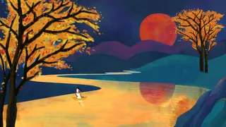 唯美油画江上落日