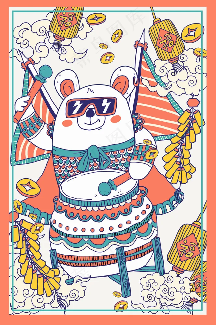 玩转国潮之打鼓的少年熊(3545X5315(DPI:300))psd模版下载