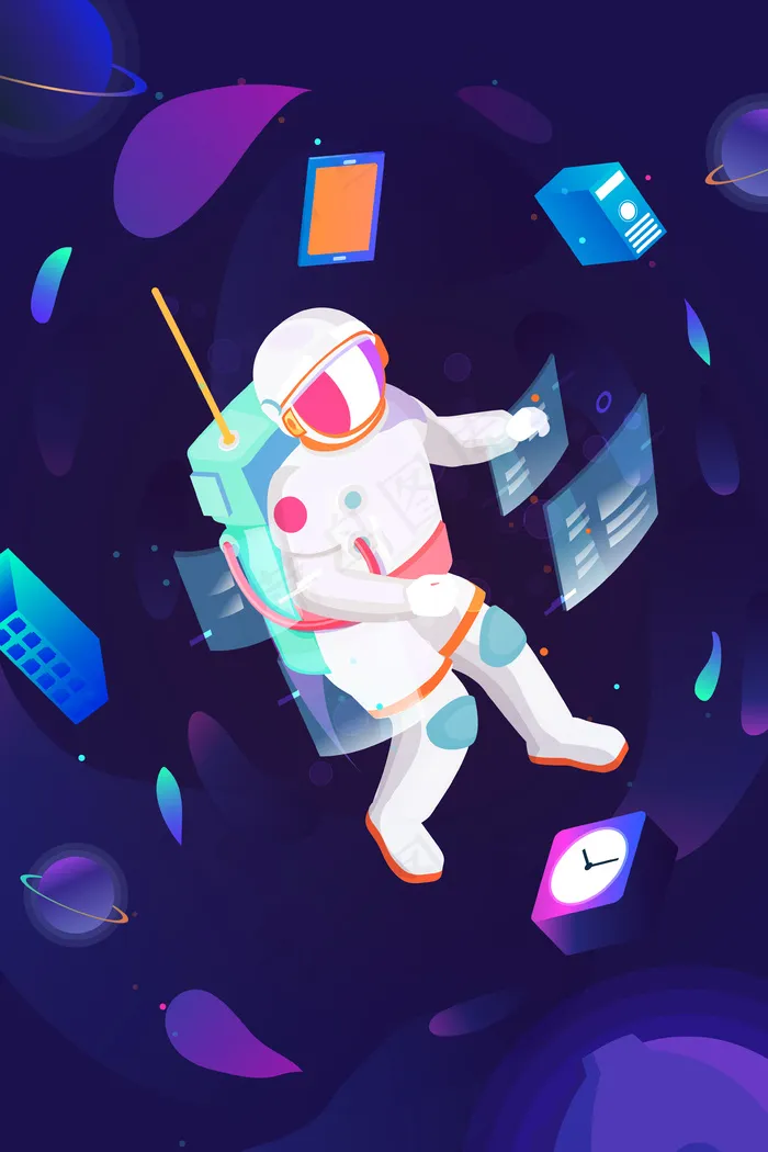 数据互联网科技宇航员闪屏手机页面配图(3545*5315px 300 dpi )ai矢量模版下载