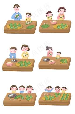 端午节家人与孩子一起制作粽子