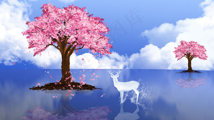 春季水彩樱花节树下的鹿