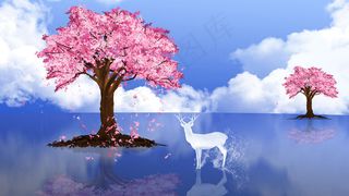 春季水彩樱花节树下的鹿