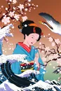 日系浮世绘女人仙鹤樱花海浪和服