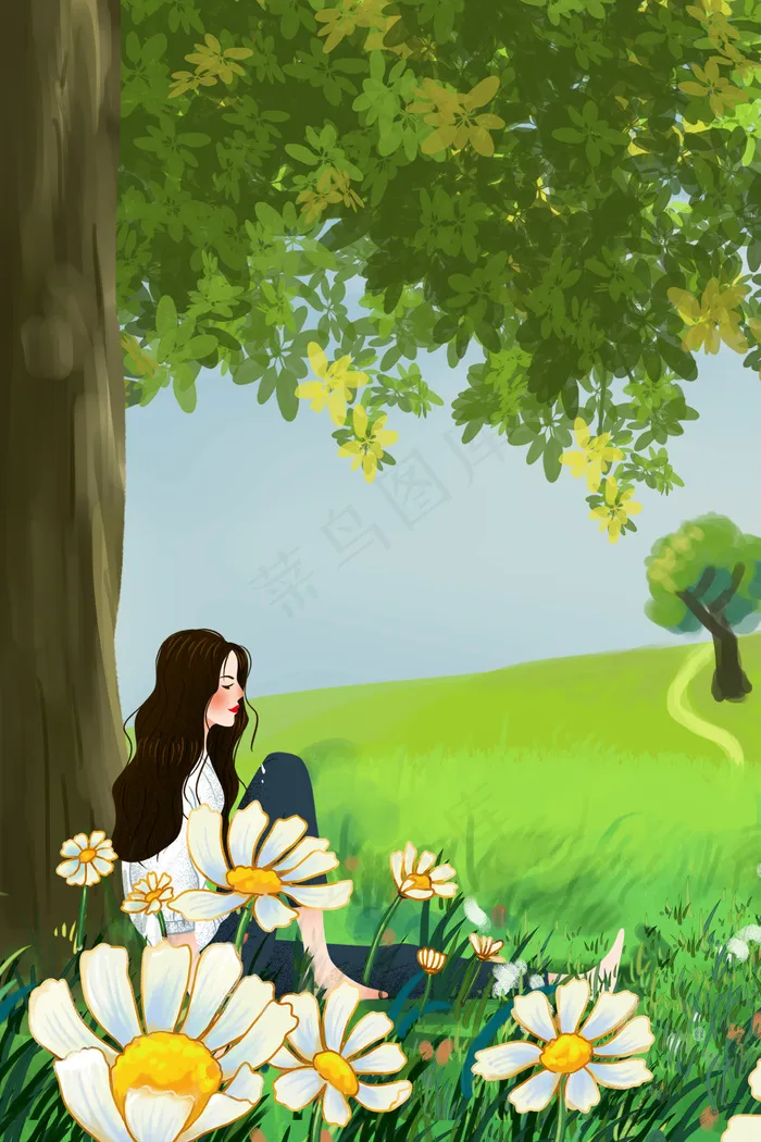 花卉植物雏菊少女清新唯美文艺手绘旅游踏青(3545X5315(DPI:300))psd模版下载