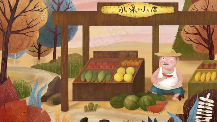 夏日傍晚卖西瓜的老爷爷(2880X1620(DPI:300))psd模版下载