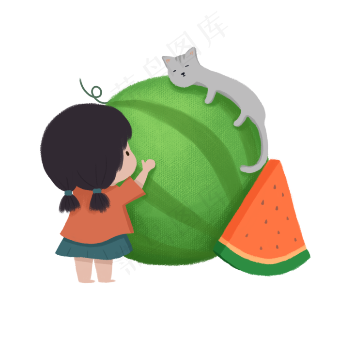 夏天女孩猫咪西瓜手绘免扣png(2000X2000(DPI:300))psd模版下载