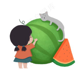 夏天女孩猫咪西瓜手绘免扣png