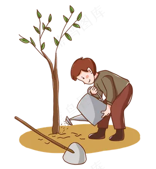 手绘男孩植树节辛勤植树