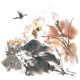 荷花与蝴蝶水墨画PNG免抠素材