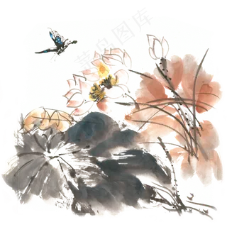 荷花与蝴蝶水墨画PNG免抠素材 荷花与蝴蝶水墨画PNG免抠素材