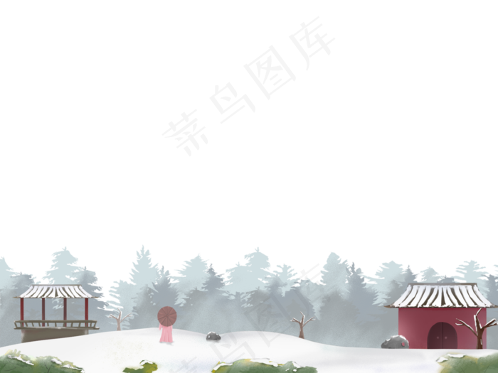 冬日装饰边框冬天中国风建筑山水,免抠元素